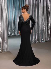 Glamrae Große Größen elegantes luxuriöses schwarzes Kleid mit Strass + Perlendesign, Langarm, elastisch, gerafft im Meerjungfrauenstil, geeignet für Hochzeiten, Singles-Partys, Urlaub, Bälle, formelle Anlässe (strapazierfähig)