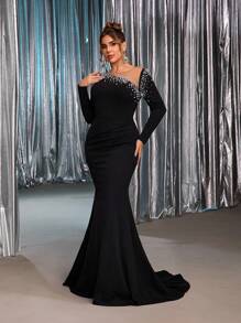 Glamrae Große Größen elegantes luxuriöses schwarzes Kleid mit Strass + Perlendesign, Langarm, elastisch, gerafft im Meerjungfrauenstil, geeignet für Hochzeiten, Singles-Partys, Urlaub, Bälle, formelle Anlässe (strapazierfähig)