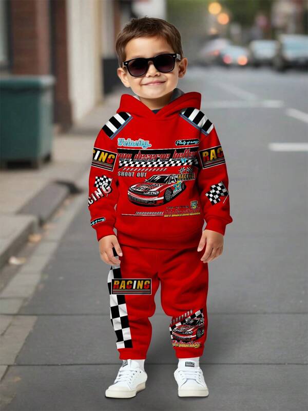 SHEIN 2pcs Young Boy Loose Fit Casual Comfortable Sports Hoodie Set, With Checkered Flag & Racer Graphic Print, Classic Sporty Style