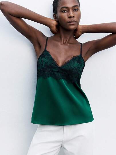 SHEIN Maija Elegant Dark Green Spaghetti Strap Cami With Contrast Lace Weddings & Events Graduation Ceremony