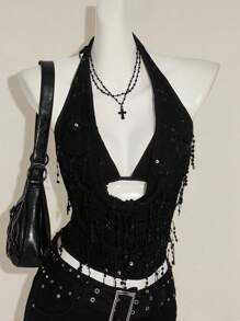 SHEIN ICON Women's Black Fringe Sequin Sheer Mesh Draped Neck Backless Crop Top Two Pieces Set Black Sequin Top - Black - View 5