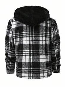 Manfinity Homme Men's Long Sleeve Casual Plaid Thermal Thermal Lined Hooded Overcoat, Autumn/Winter - Black and White - View 2