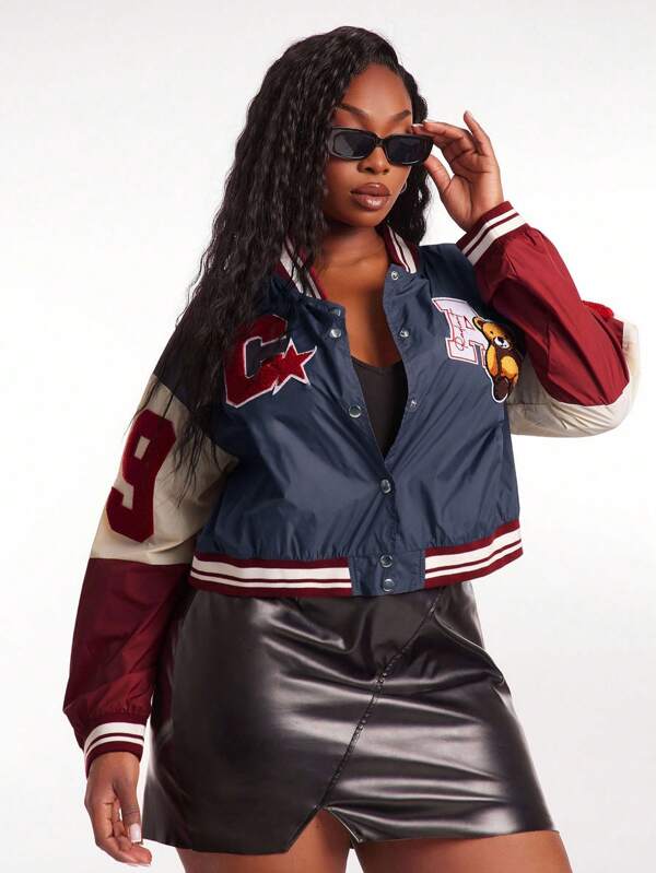SHEIN SXY Plus Size Women's Autumn And Winter Street Short White Red Contrast Patchwork Short Bomber Jacket,Suitable For Office, Valentine's Day Fall