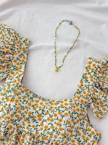 SHEIN 少女度假方领宽松娃娃装上衣，黄色花卉方领荷叶袖娃娃装上衣/可爱/优雅 - 黃色 - 查看 3