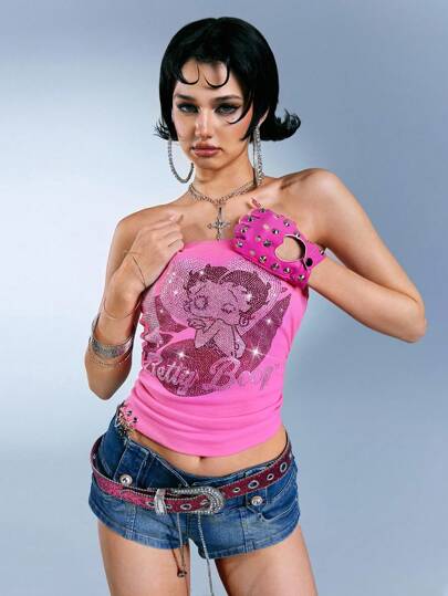 Betty Boop | ROMWE Top tube côtelé avec motif de strass