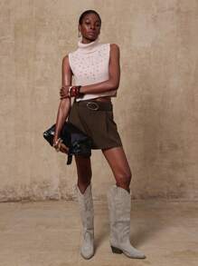 SHEIN Privé VITNOS Fall Summer Glam Holiday Luxury BOHO Old Money Women's Pleated Loose Brown Shorts With Belt - Brown - View 9