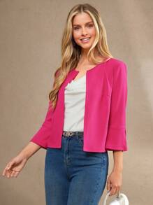 Amorya 女式纯色紫红色开袖薄款夹克外套，秋季 - 玫紅色 - 查看 4