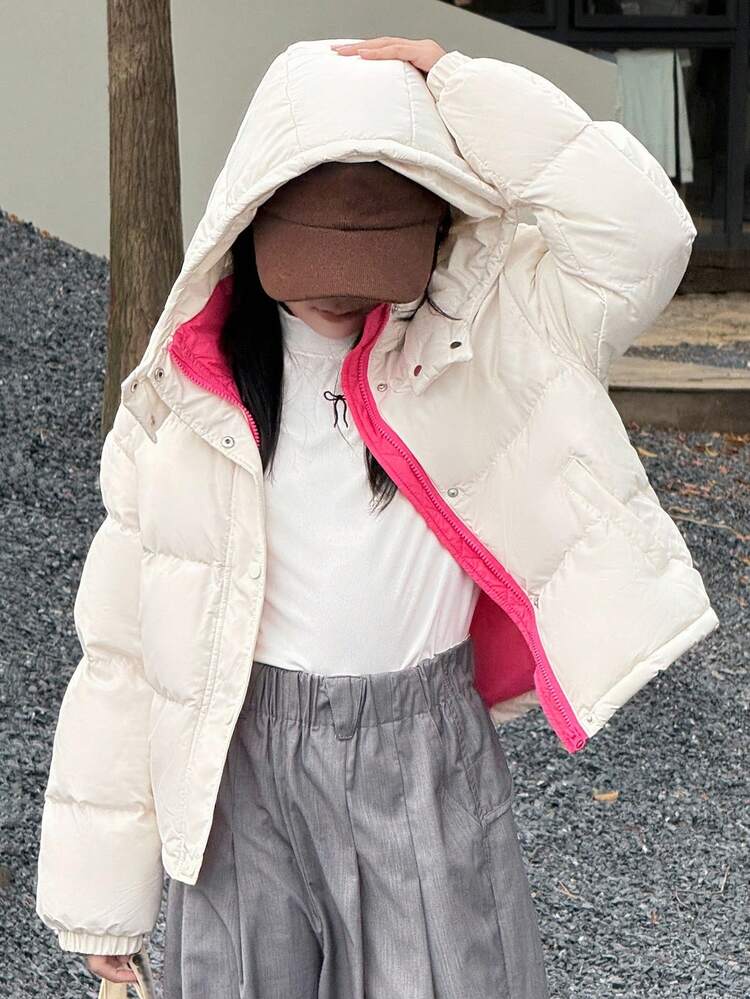 Tween Girls' Korean Style Hooded Colorblock Padded Coat, Winter