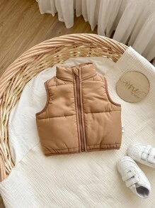 SHEIN Newborn Baby Girl Cute Casual Camel Color Thermal Lined  Jacket, Suitable For Autumn/Winter Baby Vest Toddler Vest Neutral Baby Clothes Baby Winter Clothes Brown Baby Vest Fall