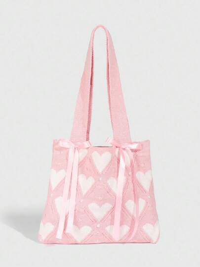 Kawaii 1 pieza Bolso de hombro con lazo rosa dulce, bolso de punto con corazón rosa, bolso de hombro estilo universitario, adecuado para el atuendo diario de las mujeres
