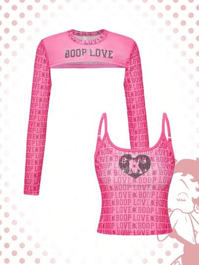 Betty Boop | ROMWE 2pcs Women's Sexy Letter Graphic Sheer Tight Camisole Top & Micro Crop Top Set