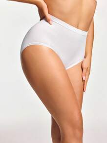 Women's High Waisted White Plain Casual Comfy Fabric High Stretch Briefs - White - View 5