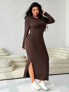 Solflare Váy len dệt kim dáng ôm tay dài có dây rút có mũ trùm đầu cỡ lớn dành cho nữ, mùa thu/đông, mùa thu, trở lại trường - màu nâu - Xem 2