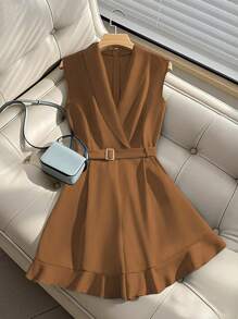 Franclia Elegant Jumpsuit With Belt, Draping Design For Women Maillard Style Summer Brown Clothes For University - Brown - View 6