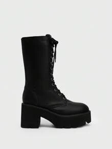 Sugerpunk 女士时尚黑色厚底摩托车中筒靴，街头风格 - 黑色 - 查看 2