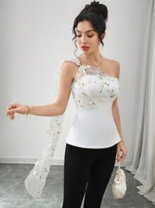 Modelyn Women's Summer Elegant Flower Embroidery Mesh Patchwork Blouse - White - View 3