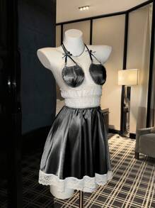 SilkySpell Váy ngủ hở lưng đính nơ trang trí trái tim gợi cảm cho nữ - màu đen - Xem 6