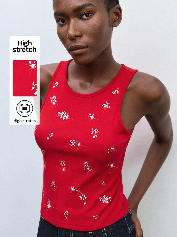 SHEIN Maija Top senza maniche rosso con decorazioni in strass, scollo tondo, casual, adatto per la primavera. Top versatile, adatto per l'ufficio, stile business-casual.