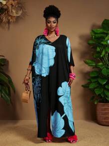 SHEIN CURVE+ 大码女装春夏休闲优雅波西米亚风黑色编织V领直筒连衣裙卡夫坦连衣裙大码连衣裙复活节连衣裙女士春季套装，曲线加大码，波西米亚度假夏季/乡村/海滩度假装/沙滩装/沙滩装，女士夏季连衣裙，休闲连衣裙 - 彩色 - 查看 5