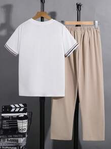2-Pack Tween Boy White Summer Casual School Back-To-School Clothes,Round Neck T-Shirt With Small Pattern & Straight Pants Set For Kids Toddler Boys - White - View 4