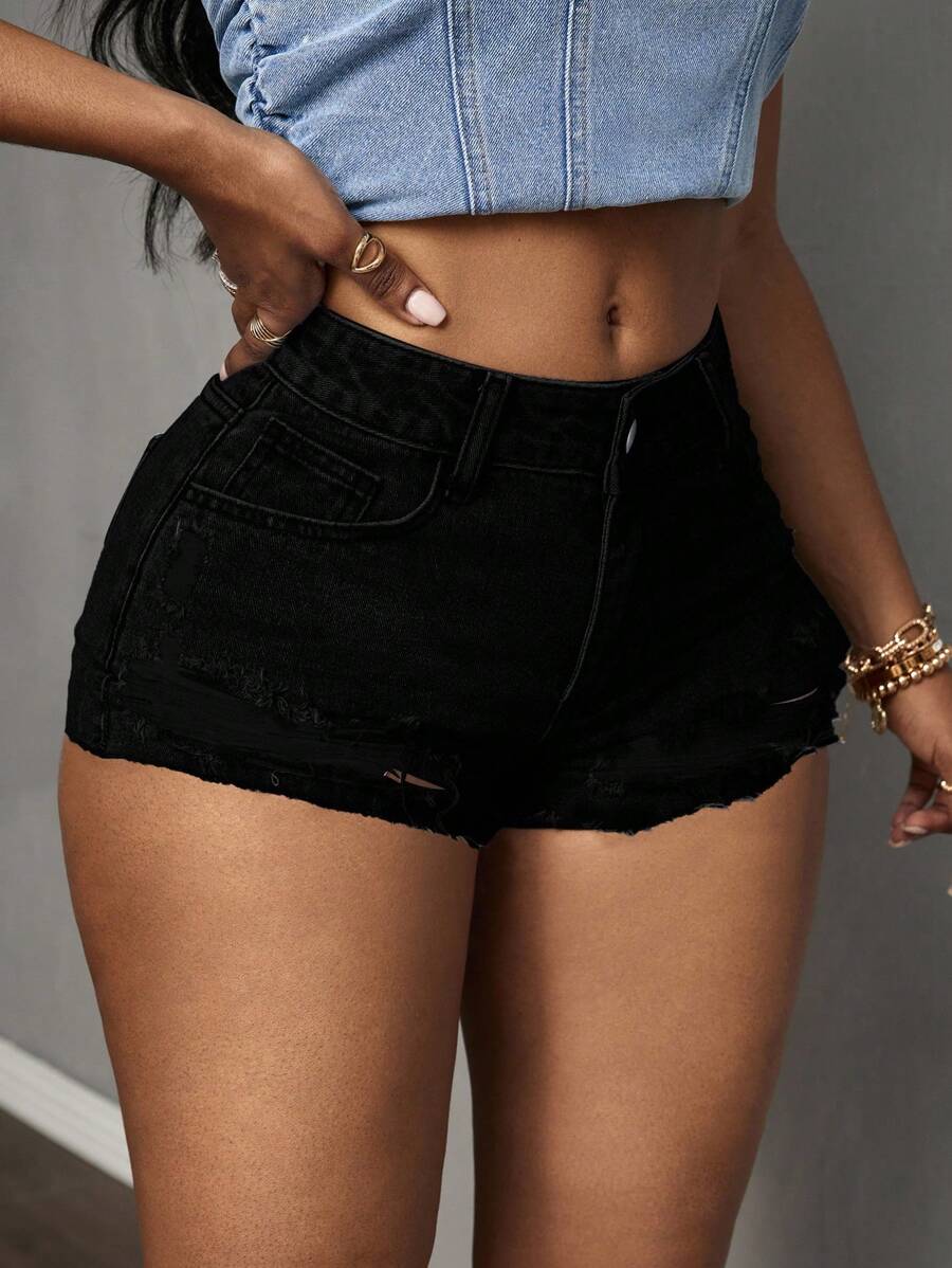 Slaydiva Plus Size Summer Casual Solid Color Distressed Denim Shorts - Black - View 1