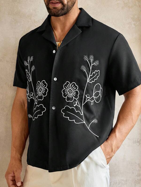 HIMLAND Men's Casual Woven Floral Line Embroidered Loose Drop Shoulder Short Sleeve Shirt Mens Floral Shirt Floral Button Up Shirt Men Mens Rose Shirt Button Up Shirt Men Graphic Black Floral Shirt Men