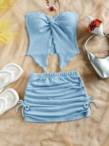 SHEIN Tween Girl Loose Casual Minimalist Comfortable Asymmetric Hem Tank Top And Skirt 2 Pieces Set