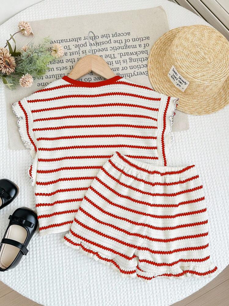 LMoss Kids 2pcs Young Girl Fashion Striped Crew Neck T-Shirt And Shorts Set Girls Striped Short Set Girls Summer Set Kids Two Piece Set Toddler Striped Outfit Red And White Striped Set Kids Back To School Girls Knit Set Summer Two Piece Set For Kids Kids Striped Two Piece Set Girls Co Ord Set Girl Knit Set Toddler Striped Two Piece Set Girls Striped Two Piece Set Kids Summer Two Piece Set Girls Knit Two Piece Set Toddler Striped Short Set - Red - View 2