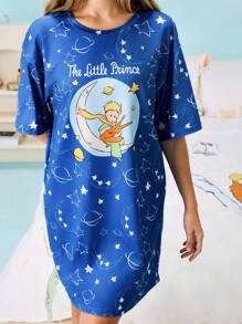 LE PETIT PRINCE X SHEIN 女式字母与卡通图案圆领短袖睡裙