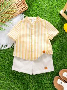 SHEIN 2pcs Young Boys Casual Comfortable Versatile Striped Stand Collar Short Sleeve Shirt And Shorts Set - Yellow - View 7