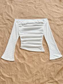 Soleia Women's Light Blue Textured Knit Fabric Ruched Off-Shoulder Flare Sleeve Fitted Casual Top For Vacation, Brunch, Boho White Off Shoulder Top White Off The Shoulder Crop Top White Summer Top White Textured Top White Long Sleeve Off Shoulder Top - White - View 4