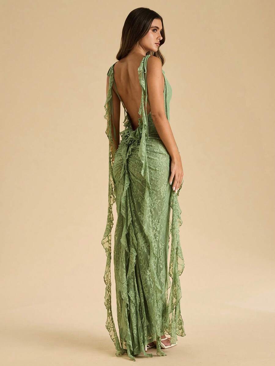 SHEIN BAE 秋季女装女士绿色细肩带露背荷叶边装饰 3D 花卉蕾丝连衣裙，鼠尾草绿色优雅女士蕾丝长裙，优雅节日连衣裙，返校连衣裙，女士婚礼宾客礼服，万圣节服装，女士生日服装 - 綠色 - 查看 1