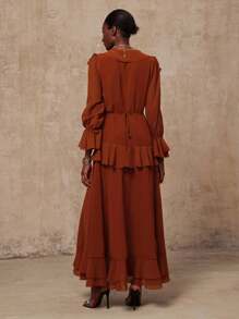 Lumalex VITNOS Thu/Đông Cao cấp mới Bohemian Vintage thanh lịch cà phê voan dài tay nhiều lớp nhún bèo eo không đối xứng viền váy dài cho nữ, thích hợp cho buổi hòa nhạc, hẹn hò, đám cưới, tiệc tùng, sinh nhật, kỳ nghỉ - Rỉ Nâu - Xem 3