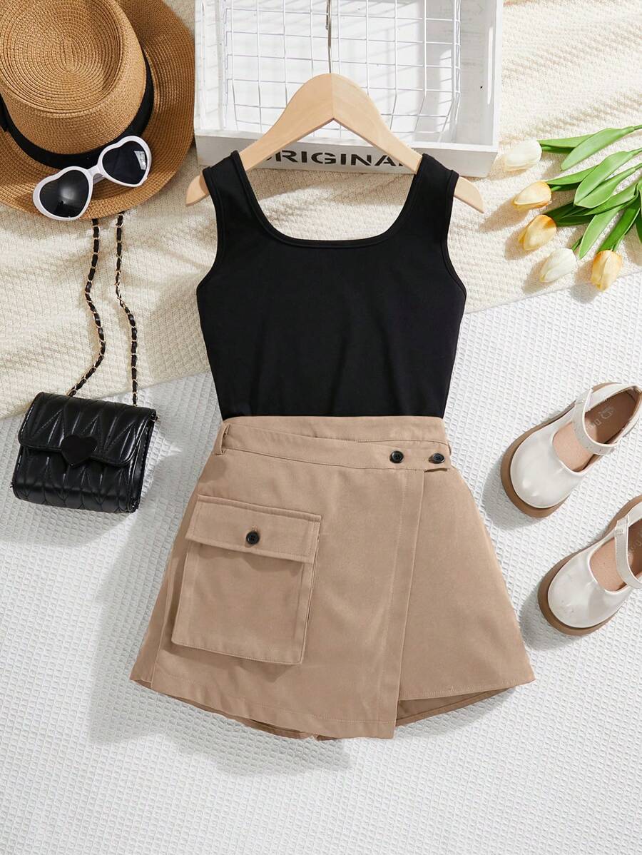 SHEIN Tween Girl 别致街头风格针织圆领无袖背心和直腿短裤休闲套装，春夏