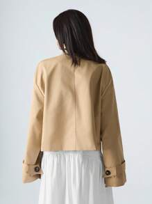 LYSMO Women's Khaki Tie Neck & Drop Shoulder Double Breasted Casual H-Line Trench Coat For Minimalist, Streetwear, Stockholm Style, 2025 Autumn Outerwear - Khaki - View 3