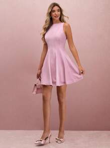 Enchnt 秋冬浪漫女士粉色船领露背无袖A字可爱公主迷你连衣裙 - 白色 - 查看 4