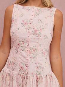 Enchnt Váy dài không tay thêu lỗ và họa tiết hoa màu hồng pastel lãng mạn dành cho nữ mùa thu/đông, Đầm dự tiệc cưới mùa thu - Hồng - Xem 2