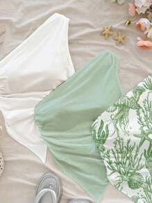 Soleia 3 Set WYWH Women Casual One-Shoulder Crinkle Ruched Asymmetrical Hem Fitted Top, Ocean Animal Print, Blue Print, Pack Of 3 Suitable For Going Out - Multicolor - View 6