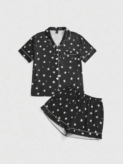 Gothic Pentagram Print Short Sleeve Shorts Pajama Set