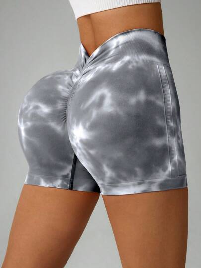 Easithlete 女式扎染印花褶饰休闲健身运动短裤