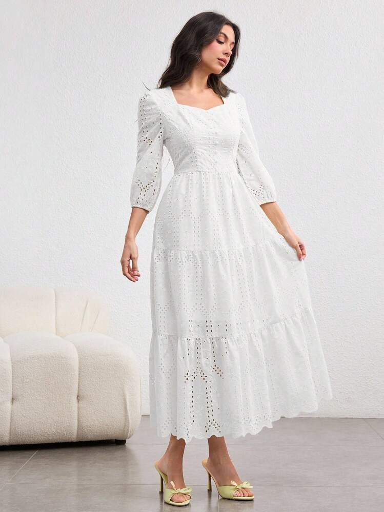 Modelyn Vestido elegante y romántico de manga abullonada larga, cuello cuadrado y bordado para mujer, color amarillo claro, primavera/verano - Blanco - Añade 3