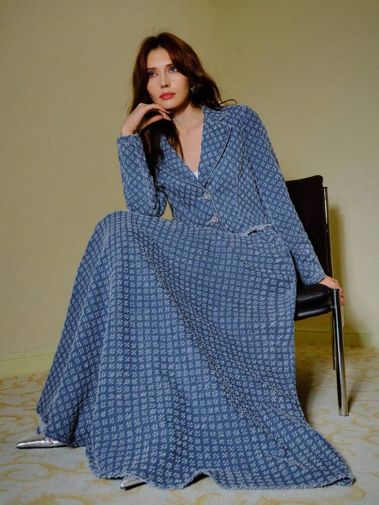 DENIM JACQUARD LAPEL COLLAR RAW EDGE JACKET & MAXI SKIRT SET , FALL WINTER