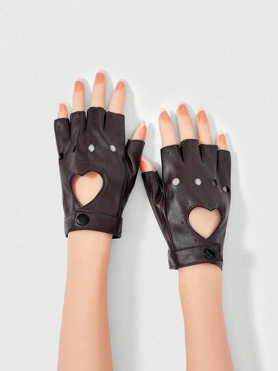 Grunge Punk 1 Pair Punk Rock Heart-Shaped Hollow Fingerless Gloves, Sexy Vintage High Quality Solid Color PU Leather Gloves, Niche Design Fashionable Lace-Up High Elasticity Gloves