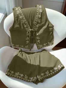 Comfortcana 女士夏季波西米亚度假橄榄绿编织腰带腰果印花背心和短裤套装