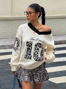 SHEIN 少女休闲黑白撞色美式复古学院情人节 V 领黑白心形印花套头衫，简约时尚休闲日常穿着，返校 - 黑與白 - 查看 6