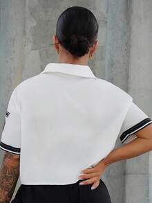 SAYEHFBABY Áo sơ mi croptop họa tiết thể thao đường phố dành cho nữ - trắng - Xem 2