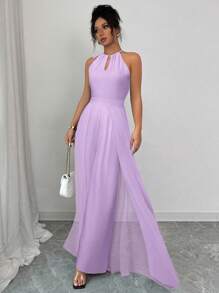 Elenzga Mono elegante de mujer para ir al trabajo, de cuello en V sin mangas, cintura con nudo, de gasa con patchwork, verde, efecto estilizador y con fondo transparente - Morado - Ver 6