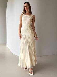 Aloruh Đầm Maxi Không Tay Màu Trơn Thêu Xếp Ly Vá Thanh Lịch Trễ Vai Cho Nữ - Màu be - Xem 3