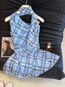 Chiquease Women's Summer Plaid Sleeveless Ruched Mini Dress, Fashion Women Short Dresses Summer