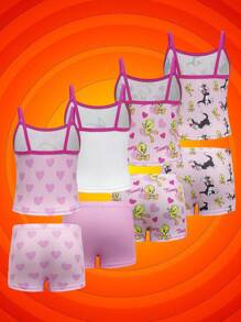 LOONEY TUNES X SHEIN 少女 4 条装卡通印花吊带背心和宽松内裤套装